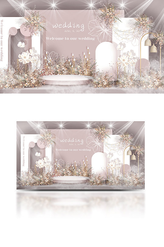 粉色婚礼迎宾区效果图清新浪漫合影背景板