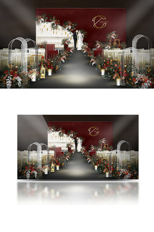 泰式复古红色室内婚礼红白舞台浪漫-众图网