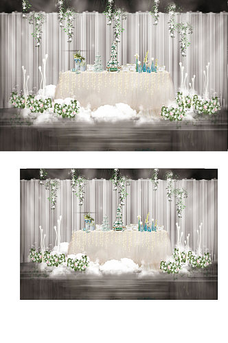 森系清新简约白色婚礼甜品区工装效果图背景