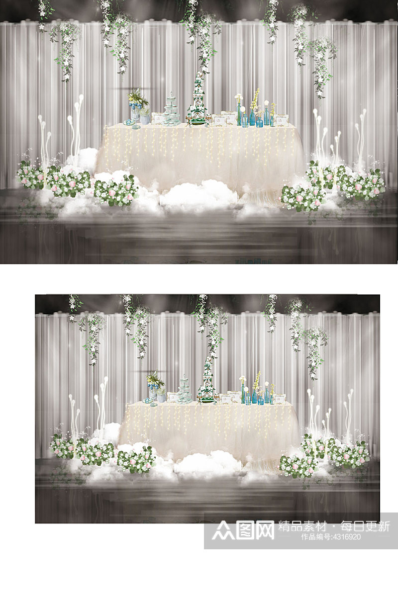 森系清新简约白色婚礼甜品区工装效果图背景素材