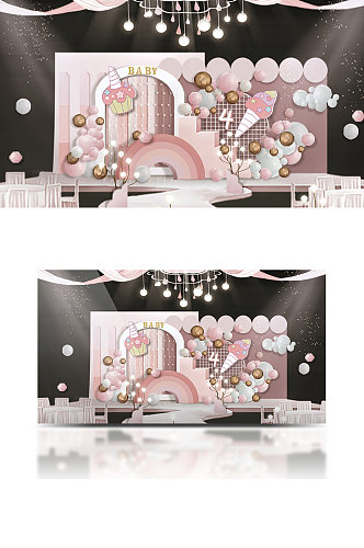 背景板粉白色云朵甜品系列宝宝宴手绘主舞台