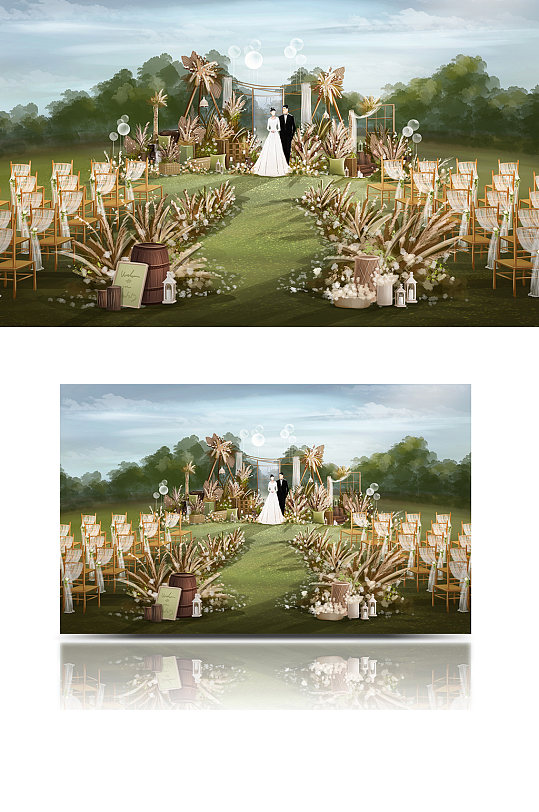 户外草坪婚礼原木色仪式区浪漫复古-众图网