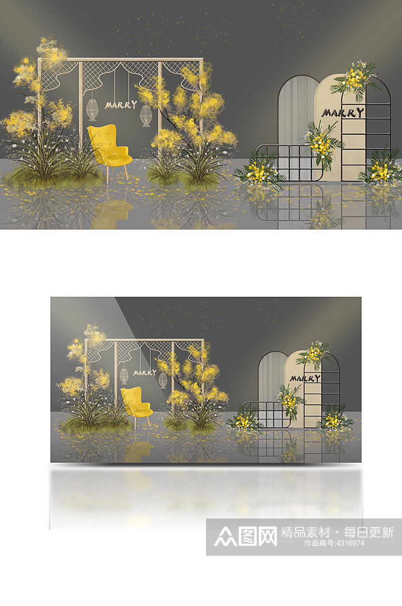 婚礼手绘组合花艺黄色系清新合影背景素材