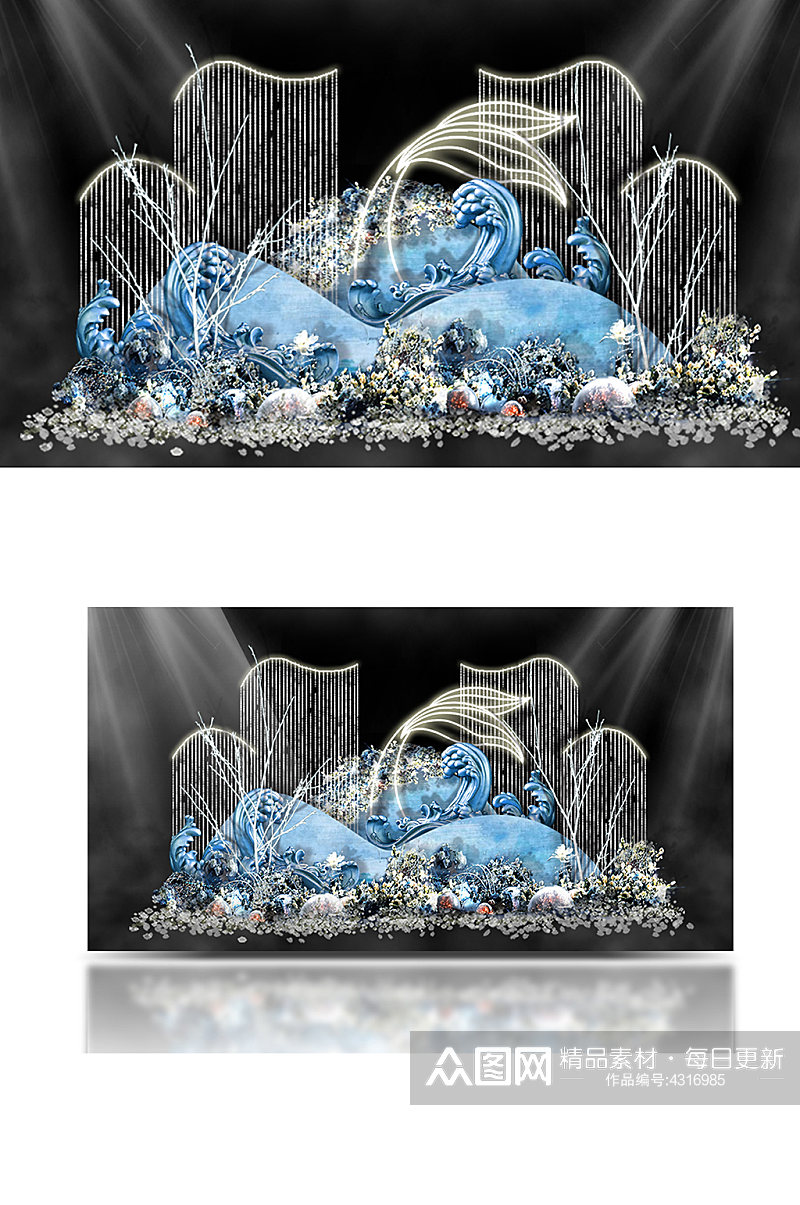 海洋婚礼波浪浮雕留影区效果图背景板素材