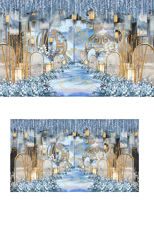 原创蓝色新中式婚礼厅内大气中国风梦幻舞台-众图网