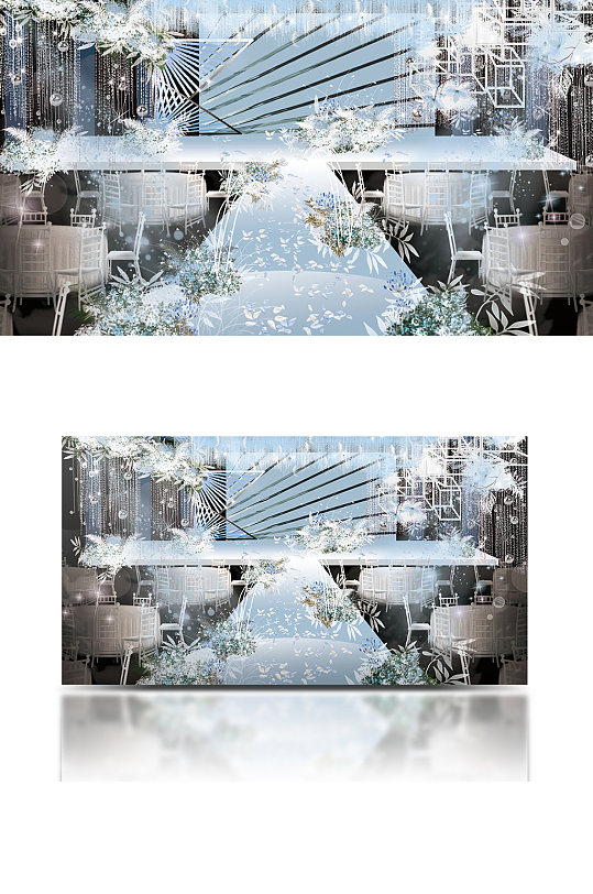 莫兰迪色系婚礼效果图室内搭建图舞台蓝色-众图网