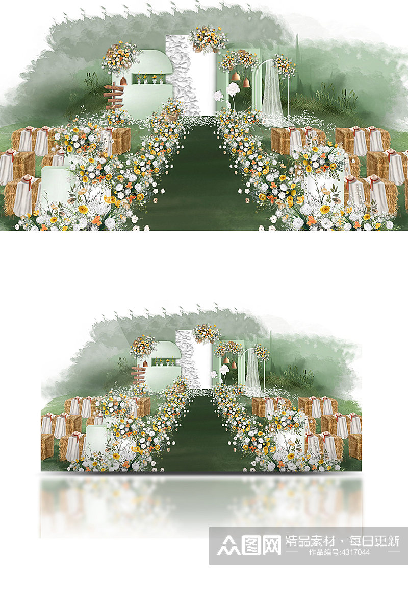 绿色户外婚礼效果图草坪浪漫清新白色仪式素材