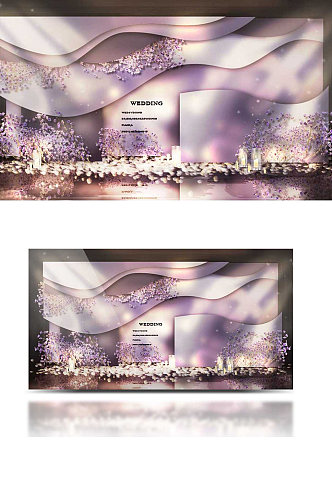 梦幻紫色婚礼合影区效果图迎宾背景板