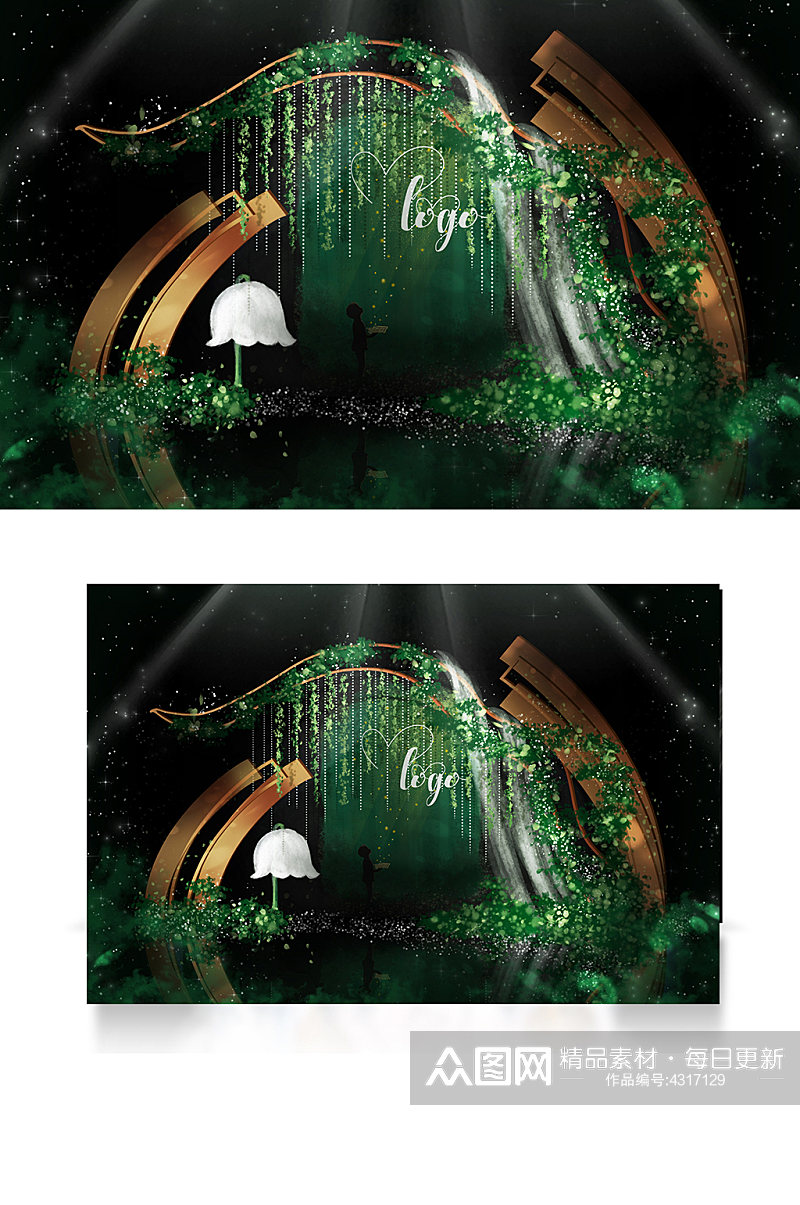 绿色森系迎宾合影区婚礼效果图背景板温馨素材