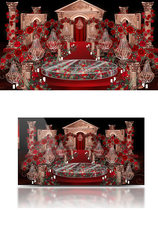 浪漫派欧式酒红色玫瑰水晶灯婚礼效果图轻奢-众图网