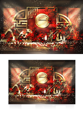 中式婚礼合影区效果图中国风红色喜庆背景板