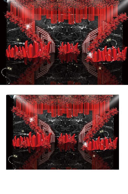 大气红黑色钻石大理石婚礼效果图舞台背景板-众图网