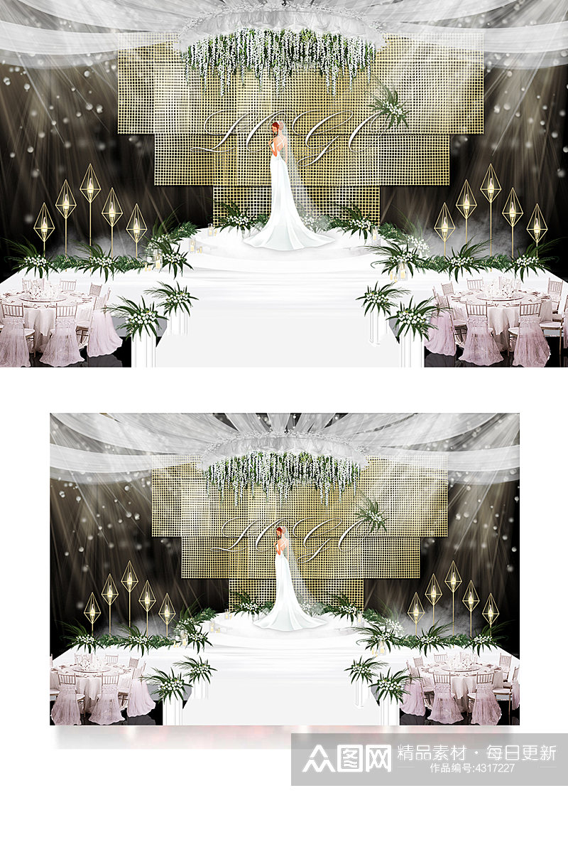 白绿简森中心舞台婚礼效果图梦幻仪式区素材