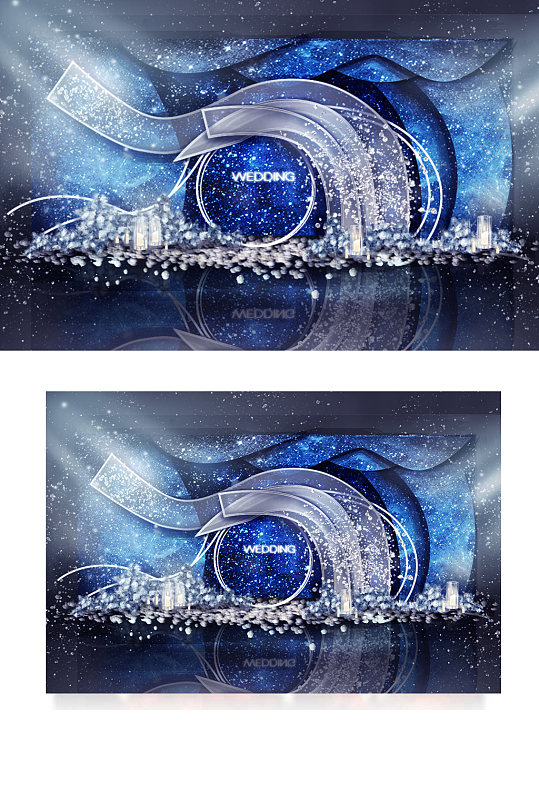 蓝色婚礼合影区效果图梦幻唯美浪漫背景板-众图网