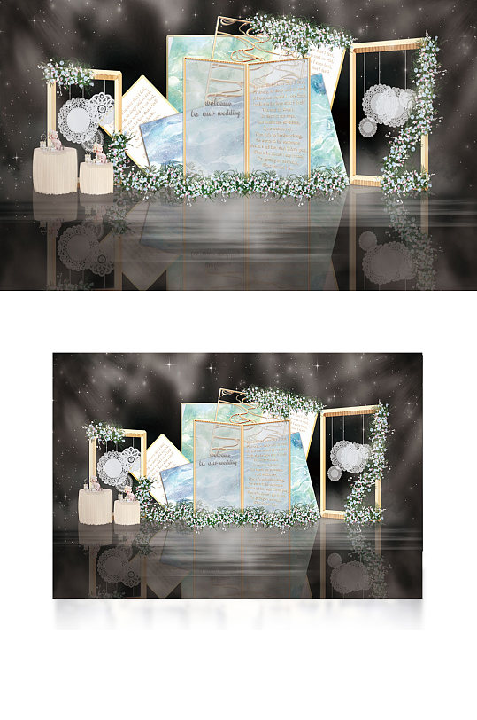 蓝色简约清新森系婚礼工装效果图中国风-众图网