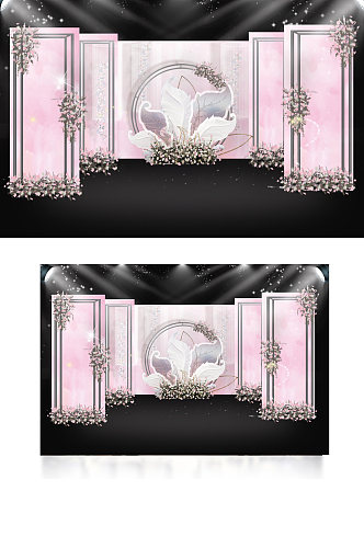 水彩裸粉色婚礼迎宾区通道效果图背景板