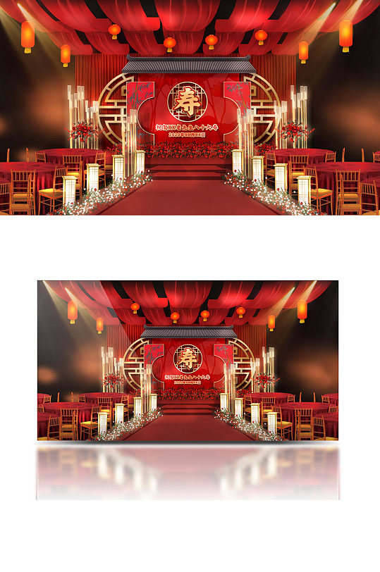 原创红金色欧式婚礼效果图浪漫温馨舞台-众图网