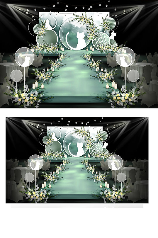 原创绿色小清新猫咪主题婚礼效果图舞台-众图网