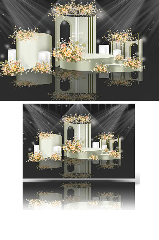 森系婚礼迎宾区效果图绿色合影背景板-众图网