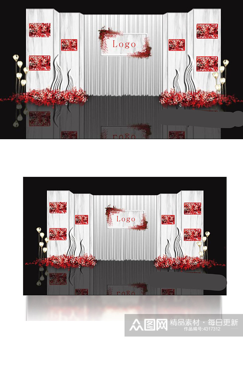 室内设计红白色大理石婚礼迎宾效果图背景板素材