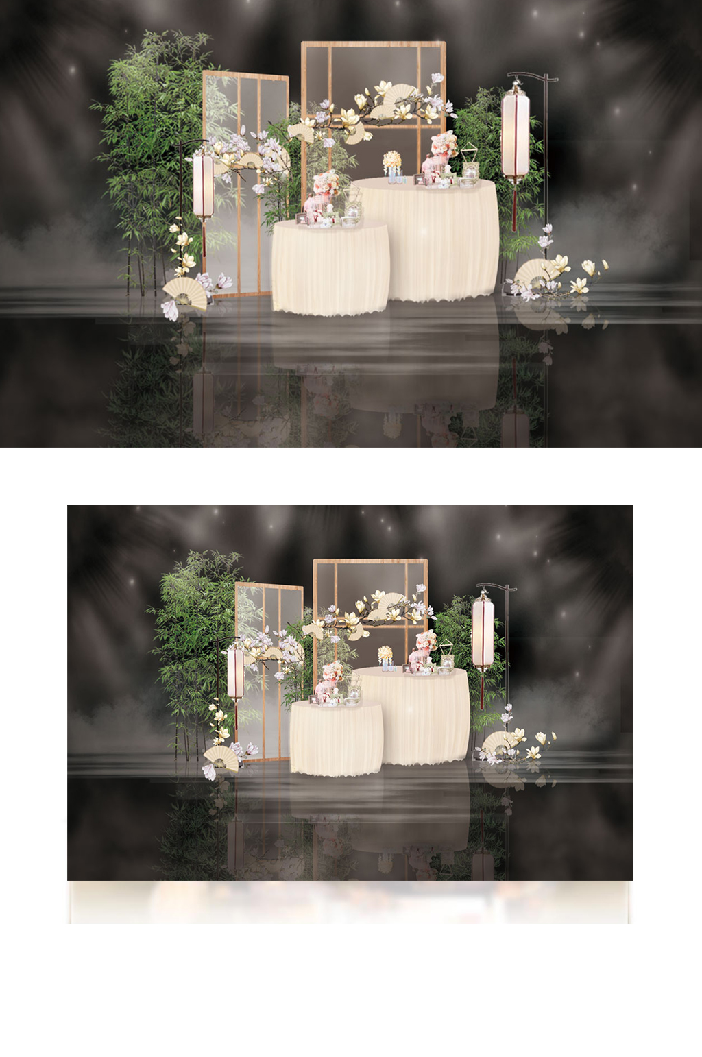 日式简约玉兰花素雅婚礼甜品工装效果图中式素材