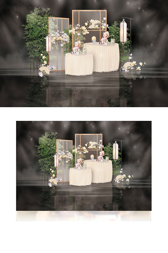 日式简约玉兰花素雅婚礼甜品工装效果图中式