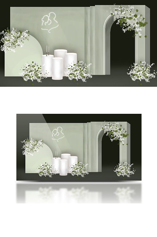 白绿色简约婚礼迎宾区效果图合影背景板-众图网