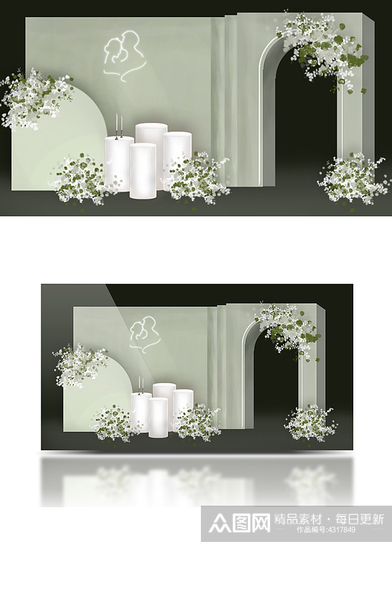 白绿色简约婚礼迎宾区效果图合影背景板素材