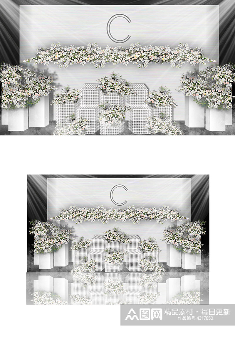 白色简约婚礼迎宾区效果图合影背景板素材