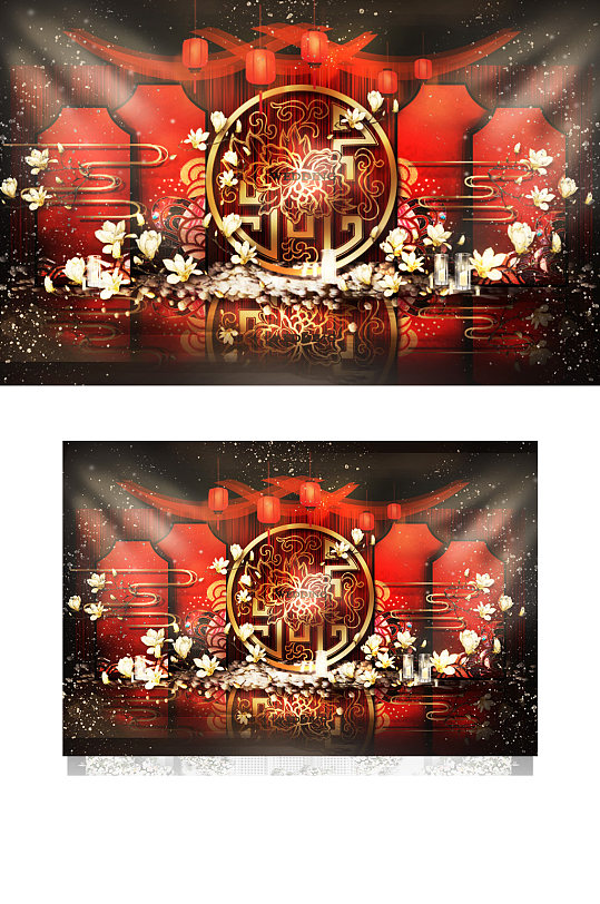 中式婚礼合影区效果图红金色背景板浪漫-众图网
