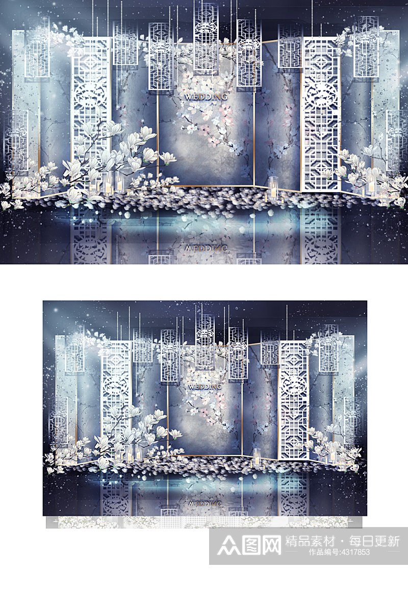 新中式婚礼合影区效果图蓝色迎宾背景板素材