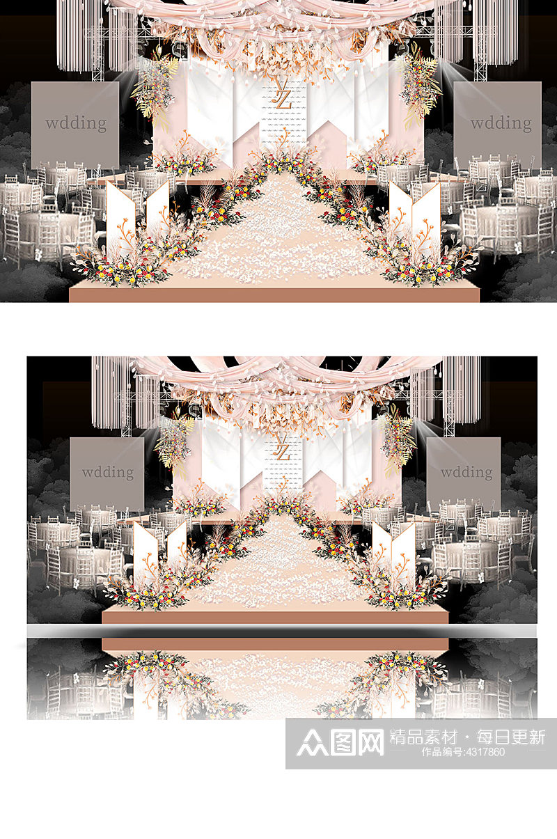 粉色婚礼效果图设计香槟色舞台浪漫温馨素材