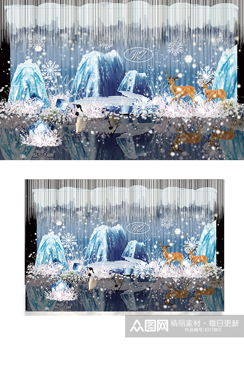 纯净蓝色冰雪风格婚礼迎宾合影区舞台效果图素材