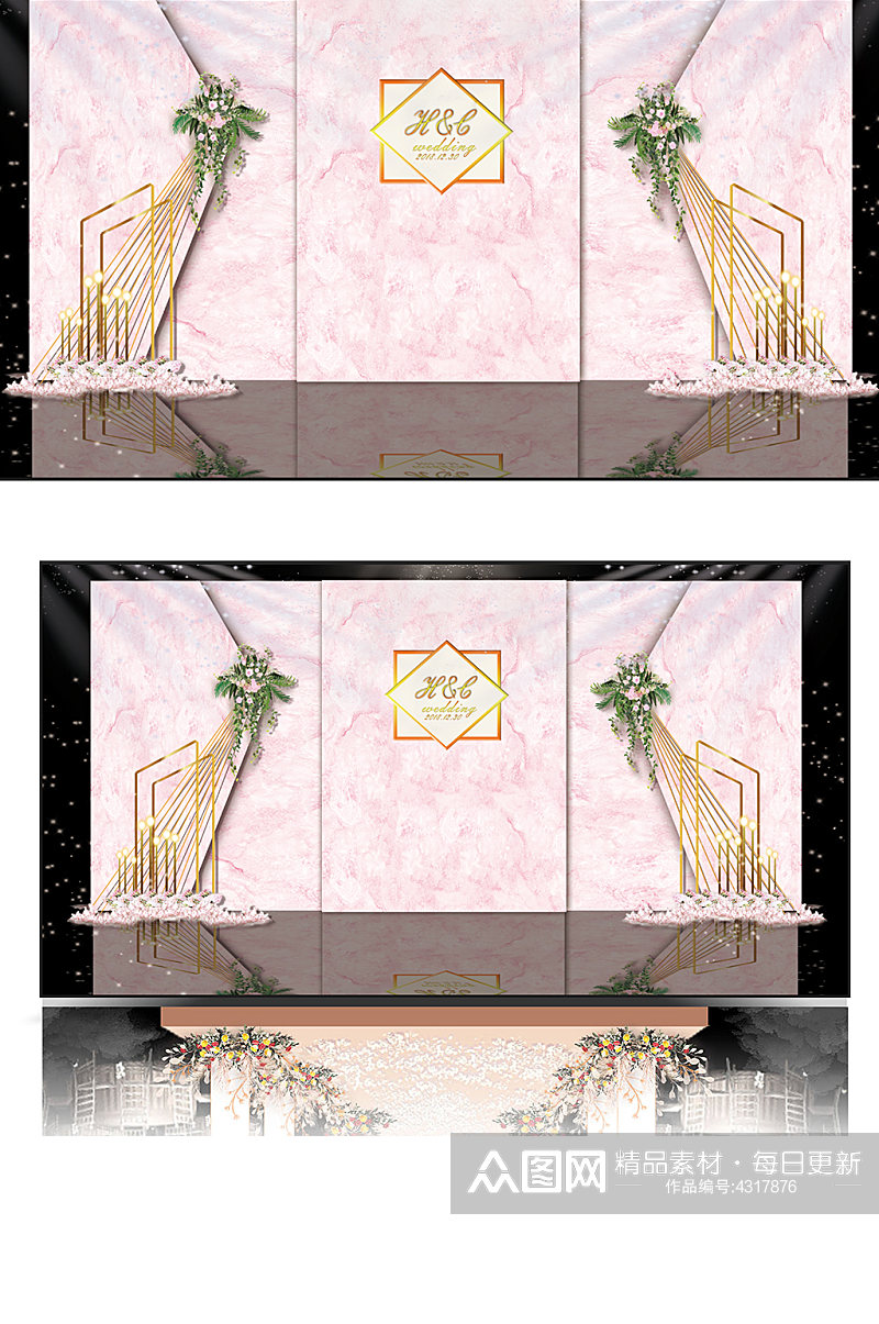 粉色婚礼迎宾区粉色大理石婚礼背景板合影素材