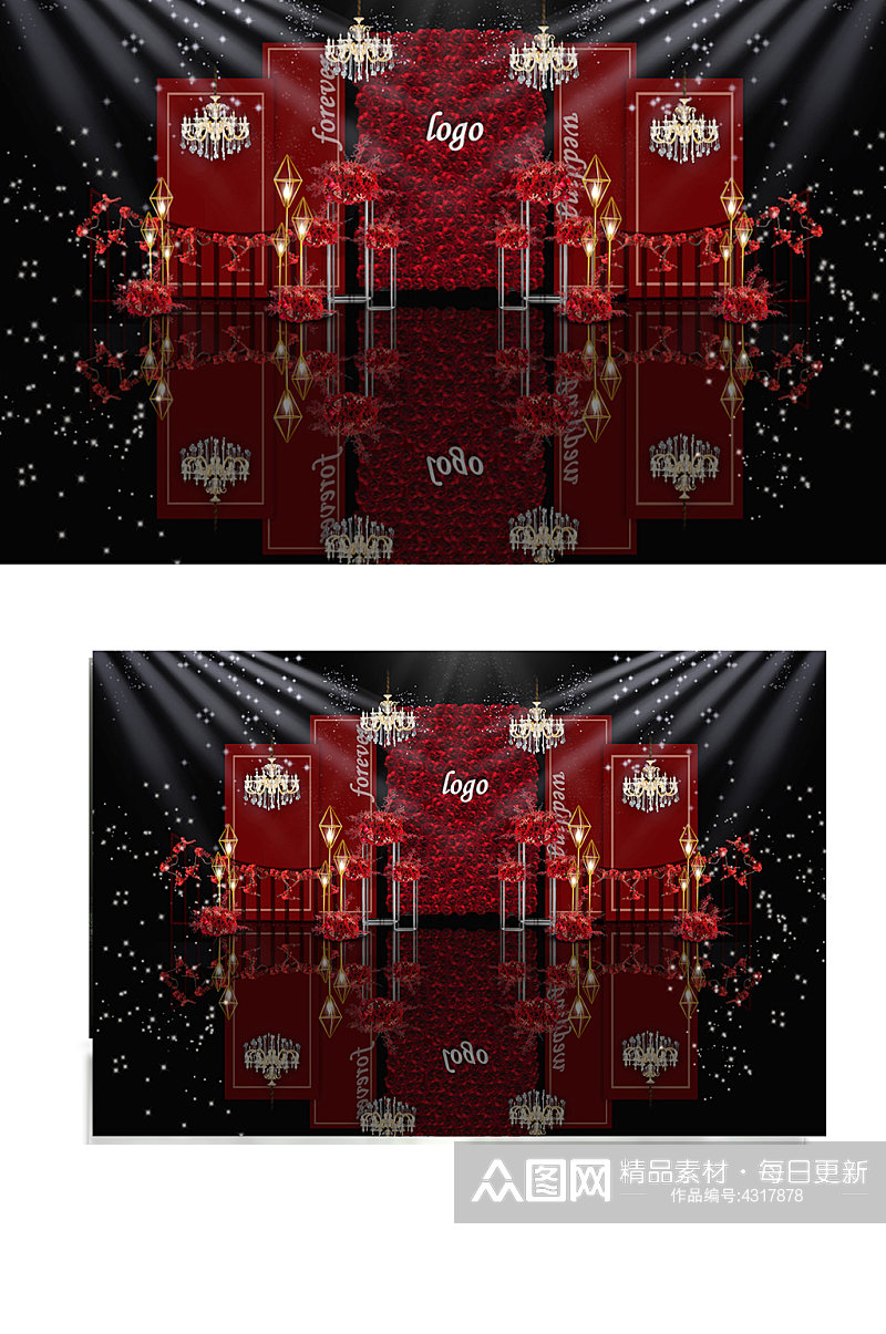 红色婚礼迎宾区效果图背景板合影素材