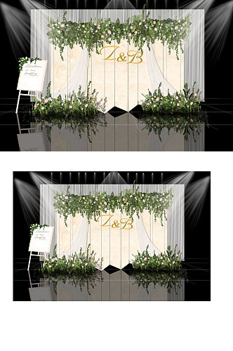 香槟色大理石小清新婚礼迎宾区效果图背景板