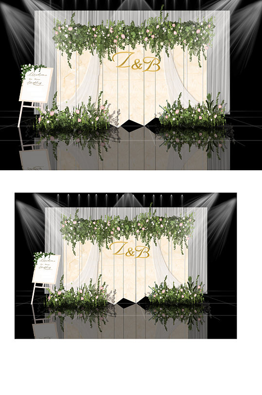 香槟色大理石小清新婚礼迎宾区效果图背景板-众图网