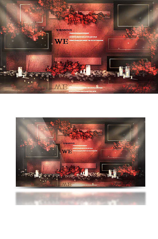 红黑色婚礼合影区效果图迎宾浪漫大气背景板