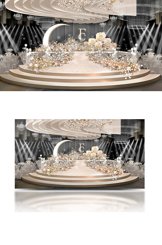 白香槟婚礼效果图浪漫大气圆形舞台轻奢
