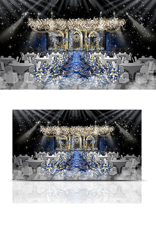 欧式蓝金色罗马风婚礼效果图大气舞台仪式区-众图网