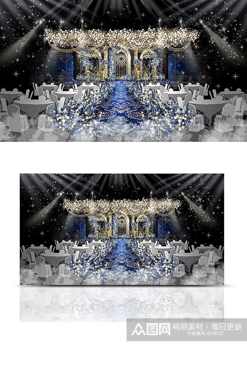 欧式蓝金色罗马风婚礼效果图大气舞台仪式区素材