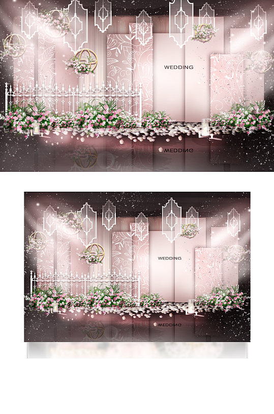 粉色渐变舞台婚礼迎宾区效果图背景板-众图网