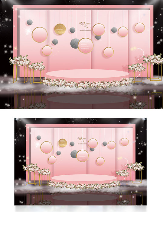 粉色渐变舞台婚礼迎宾区效果图清新背景板-众图网