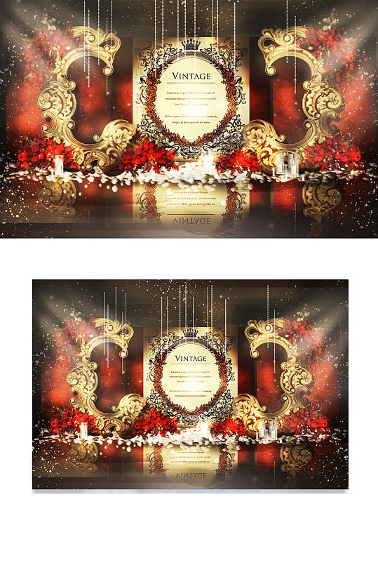 欧式婚礼合影区效果图红金色大气轻奢背景板-众图网