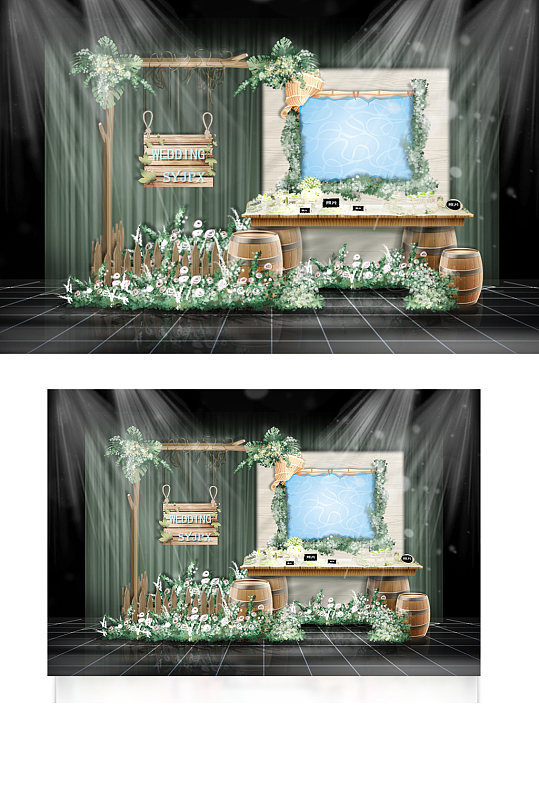 森系酒桶花艺甜品区婚礼效果图木质复古-众图网