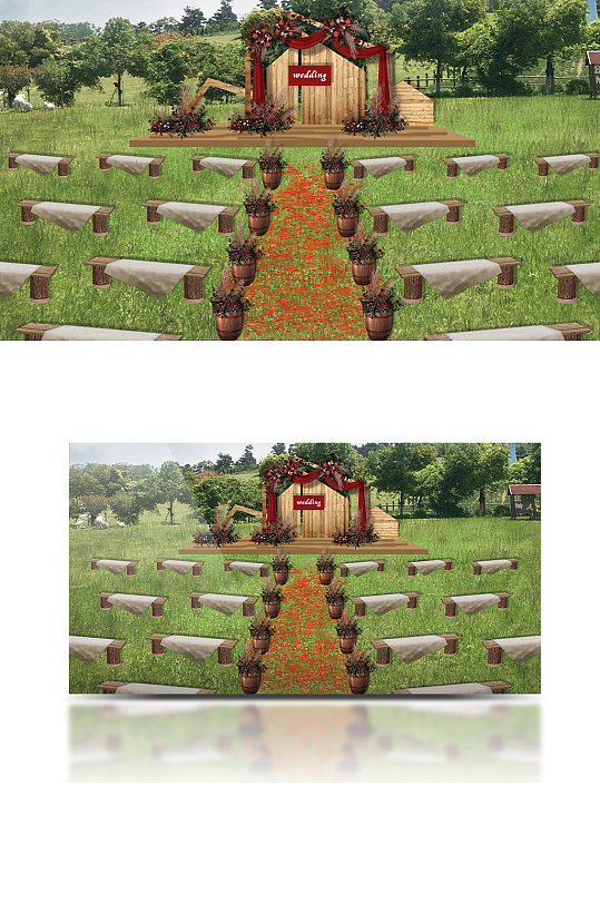 户外美式婚礼效果图木质红色草坪浪漫简约-众图网