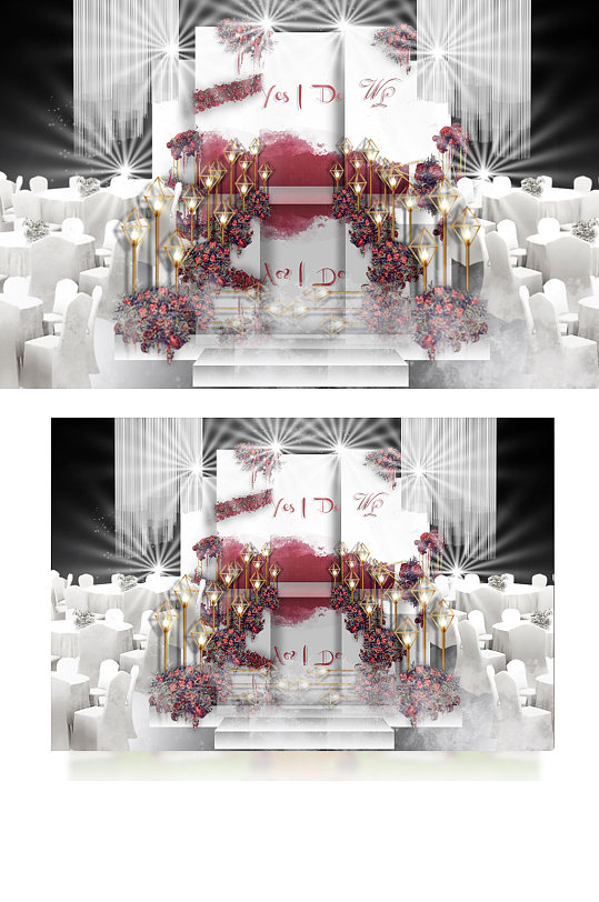 红白色简约婚礼效果图大气舞台浪漫仪式区-众图网