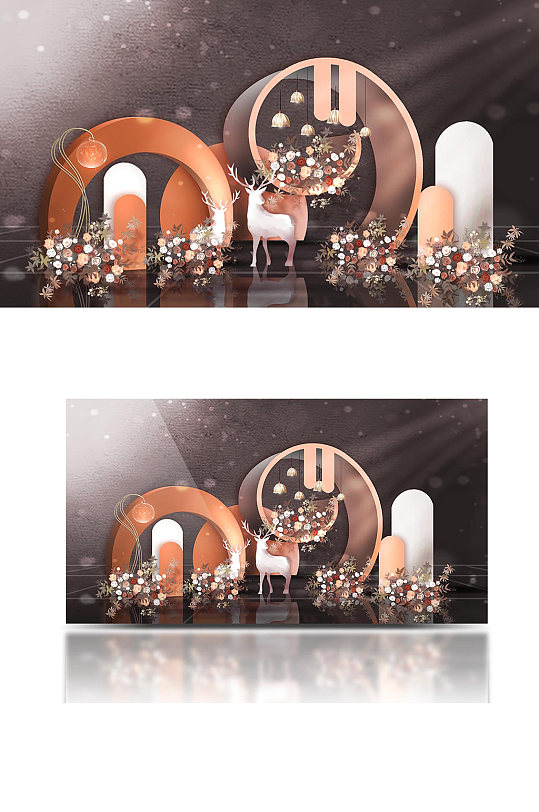 橙色小清新婚礼效果图麋鹿梦幻背景板-众图网