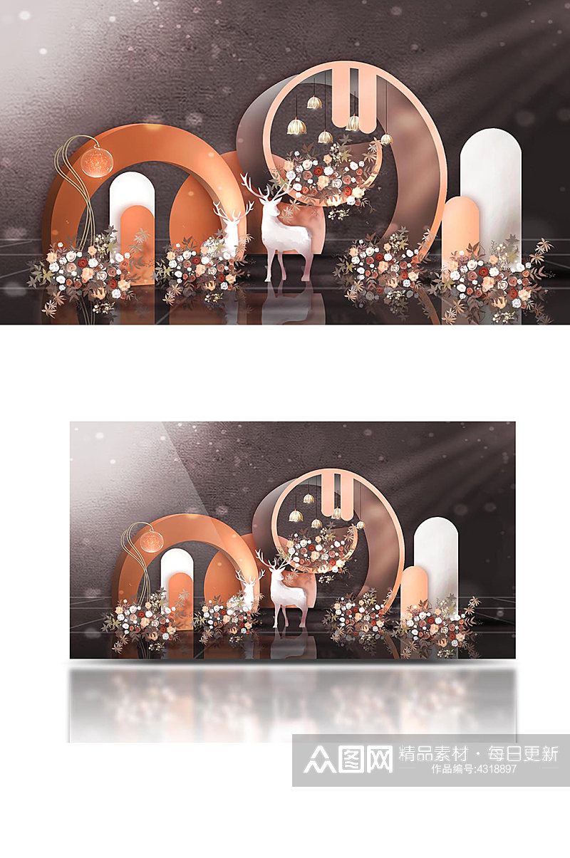 橙色小清新婚礼效果图麋鹿梦幻背景板素材