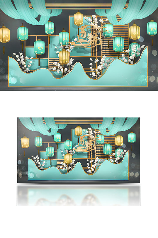 蒂芙尼蓝新中式婚礼青色背景板迎宾浪漫-众图网